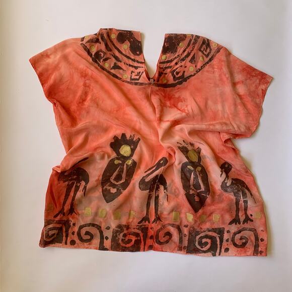 Vintage 80s BOHO Laise Adzer Hand-Painted Silk Tunic Top Bird Print Lagenlook - Picture 2 of 9